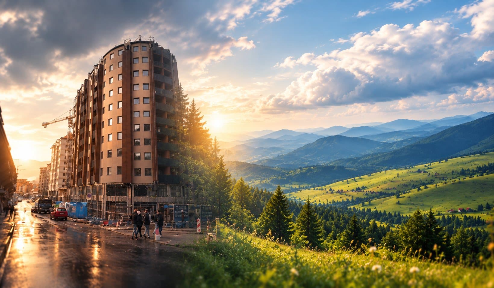 Grad koji prelazi u planinu i šumu